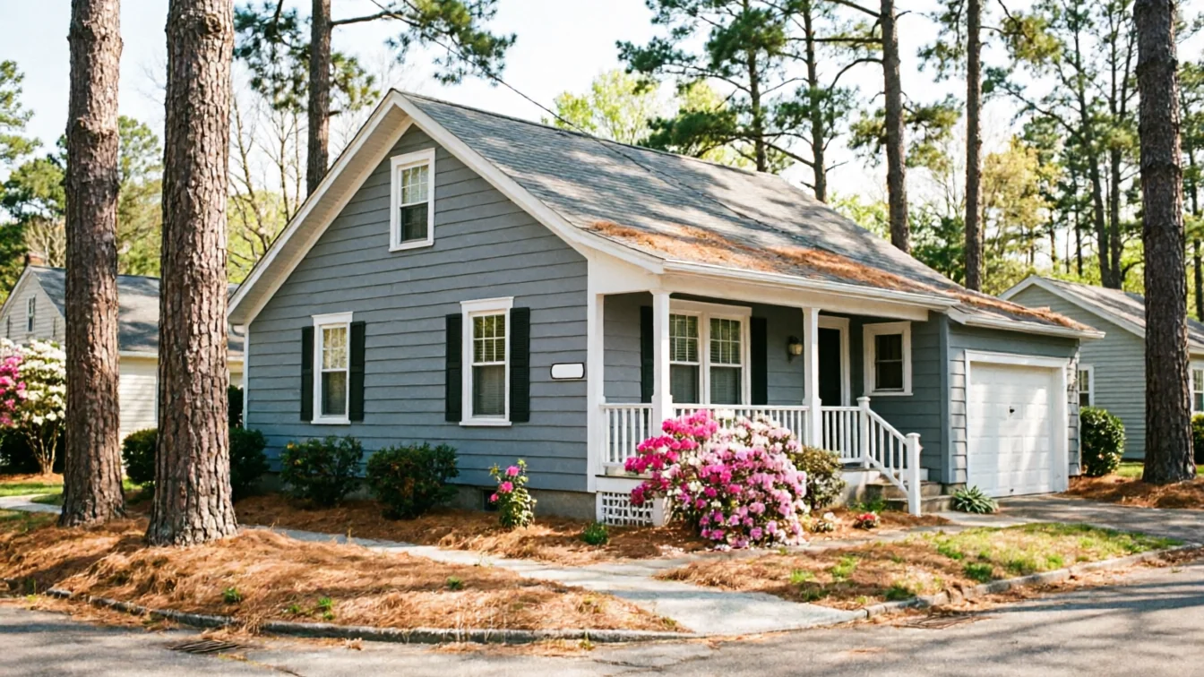 A gray house with a white garage door and a porch with pink flowers.