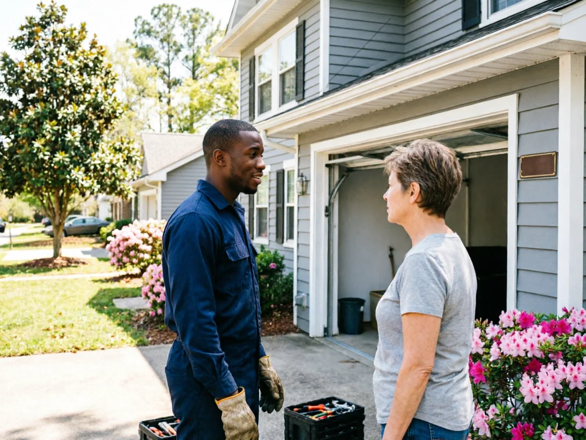 A technician in a blue uniform talks to a woman in front of a garage.