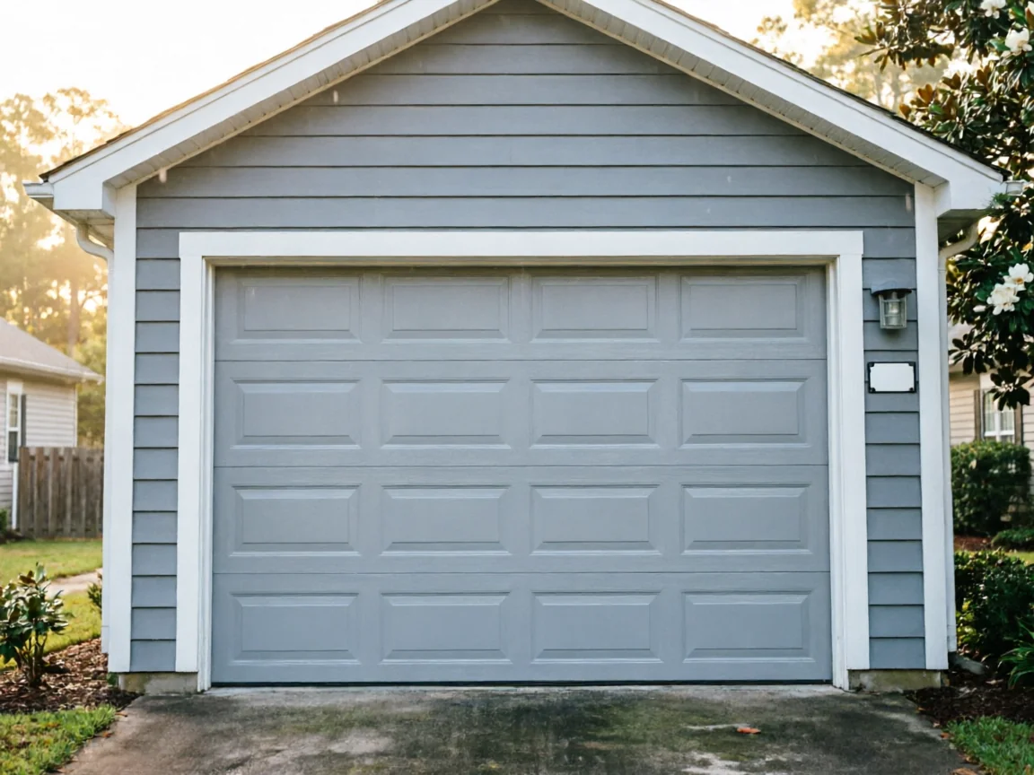 A light gray garage door is on a gray house with white trim.