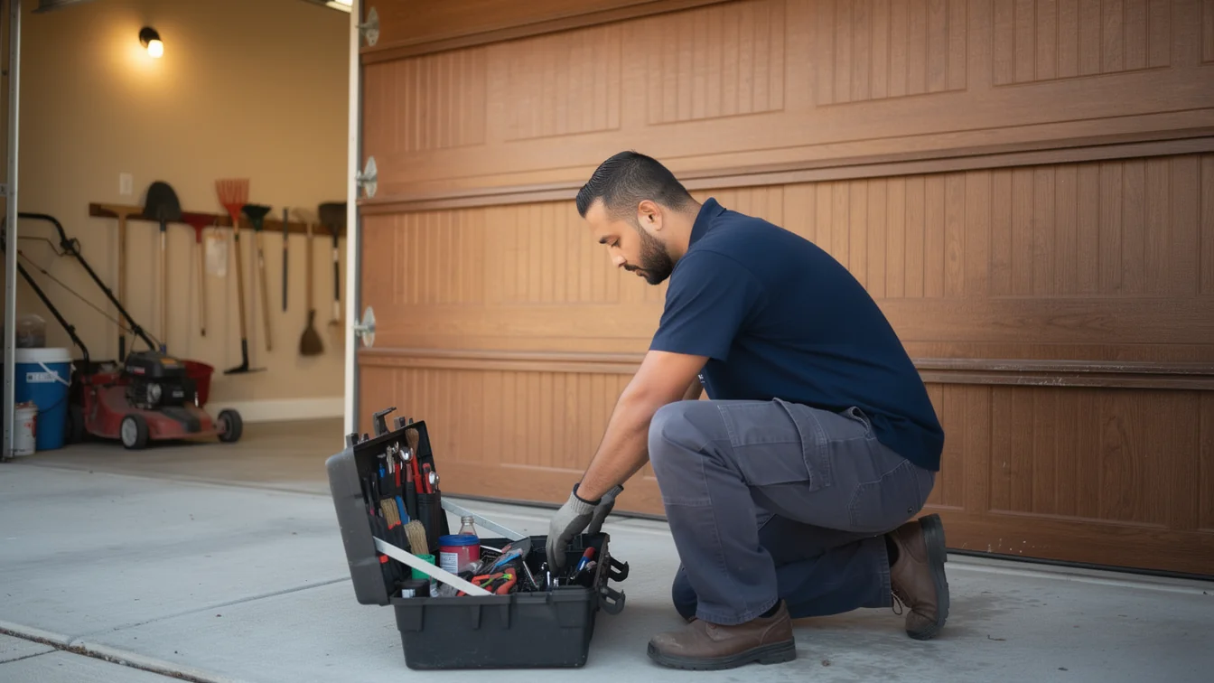 A technician kneels by a toolbox in front of a brown garage door.