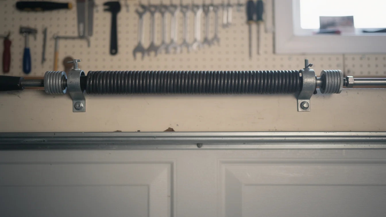 A garage door torsion spring is mounted above a white garage door.